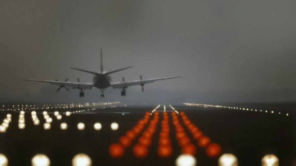 Flugzeug im Landeanflug über beleuchteter Landebahn in der Dämmerung
